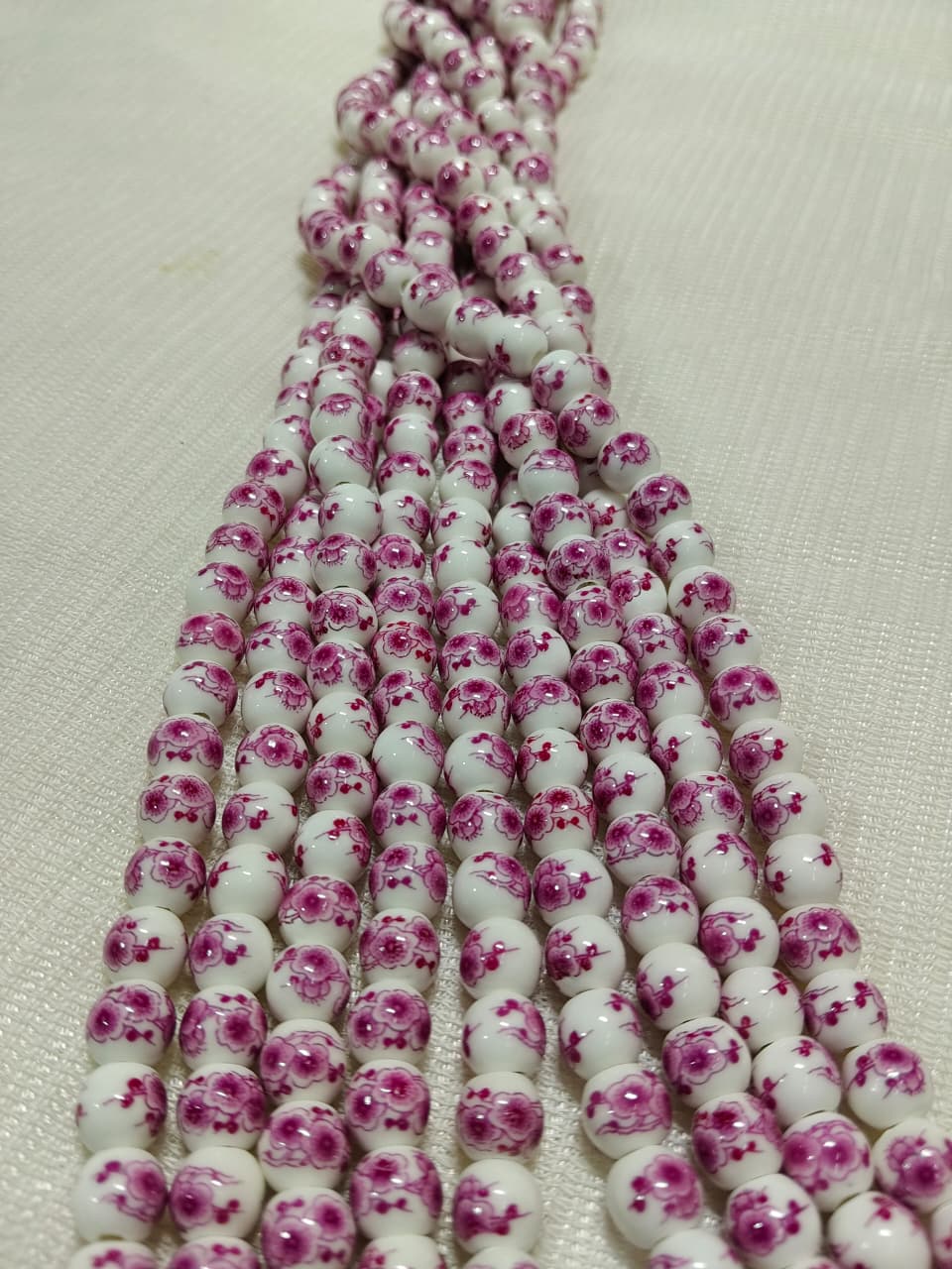 Printed Ceramic Beads Single String | White Round Floral Design Beads for Jewellery Making