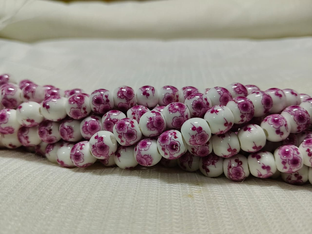 Printed Ceramic Beads Single String | White Round Floral Design Beads for Jewellery Making