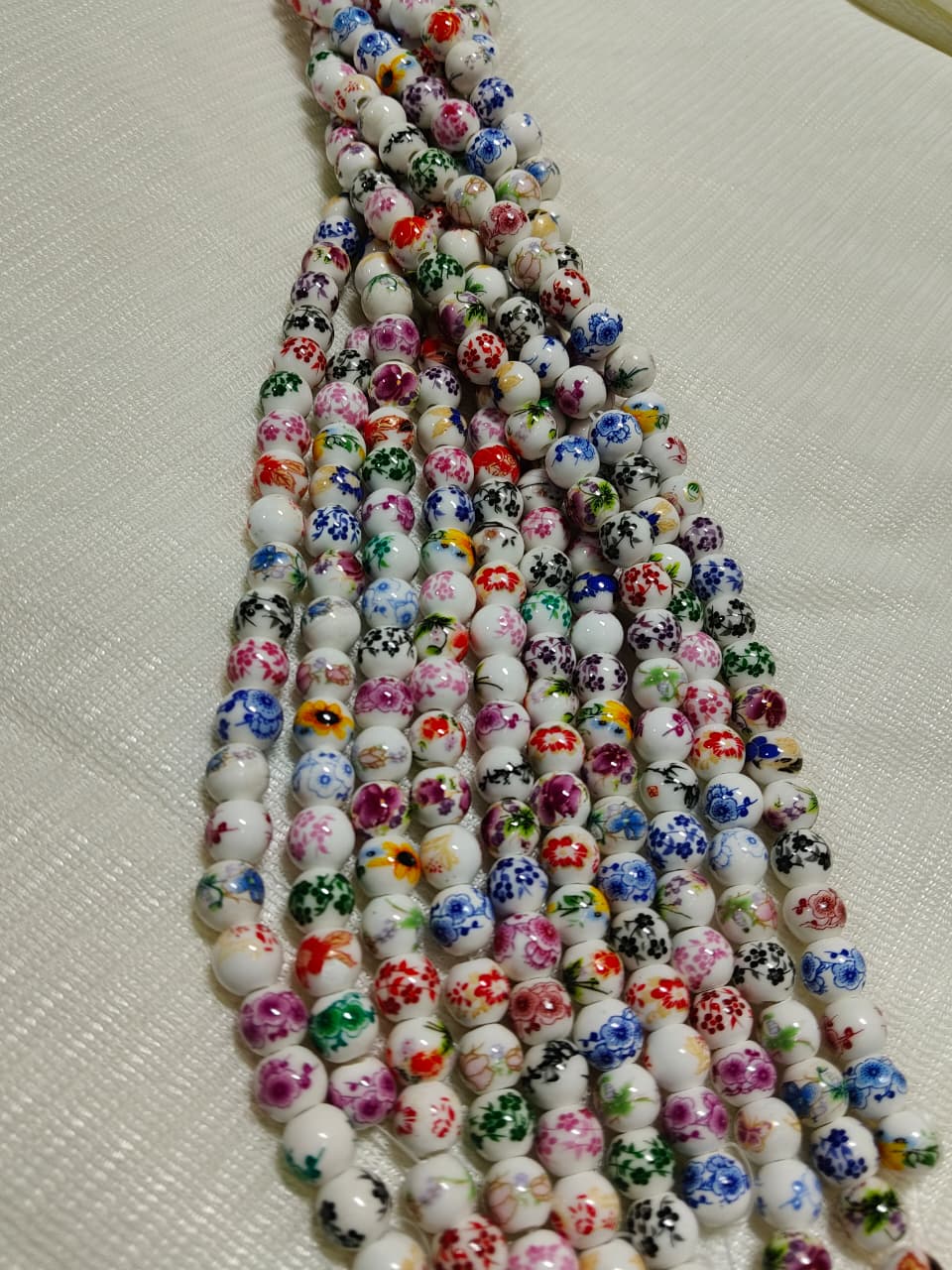 Multicolor Printed Ceramic Beads Single String | White Round Floral Beads for Jewellery Making