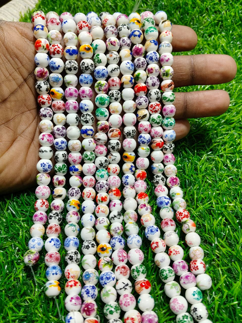 Multicolor Printed Ceramic Beads Single String | White Round Floral Beads for Jewellery Making