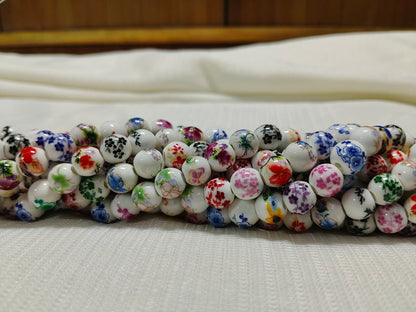 Multicolor Printed Ceramic Beads Single String | White Round Floral Beads for Jewellery Making