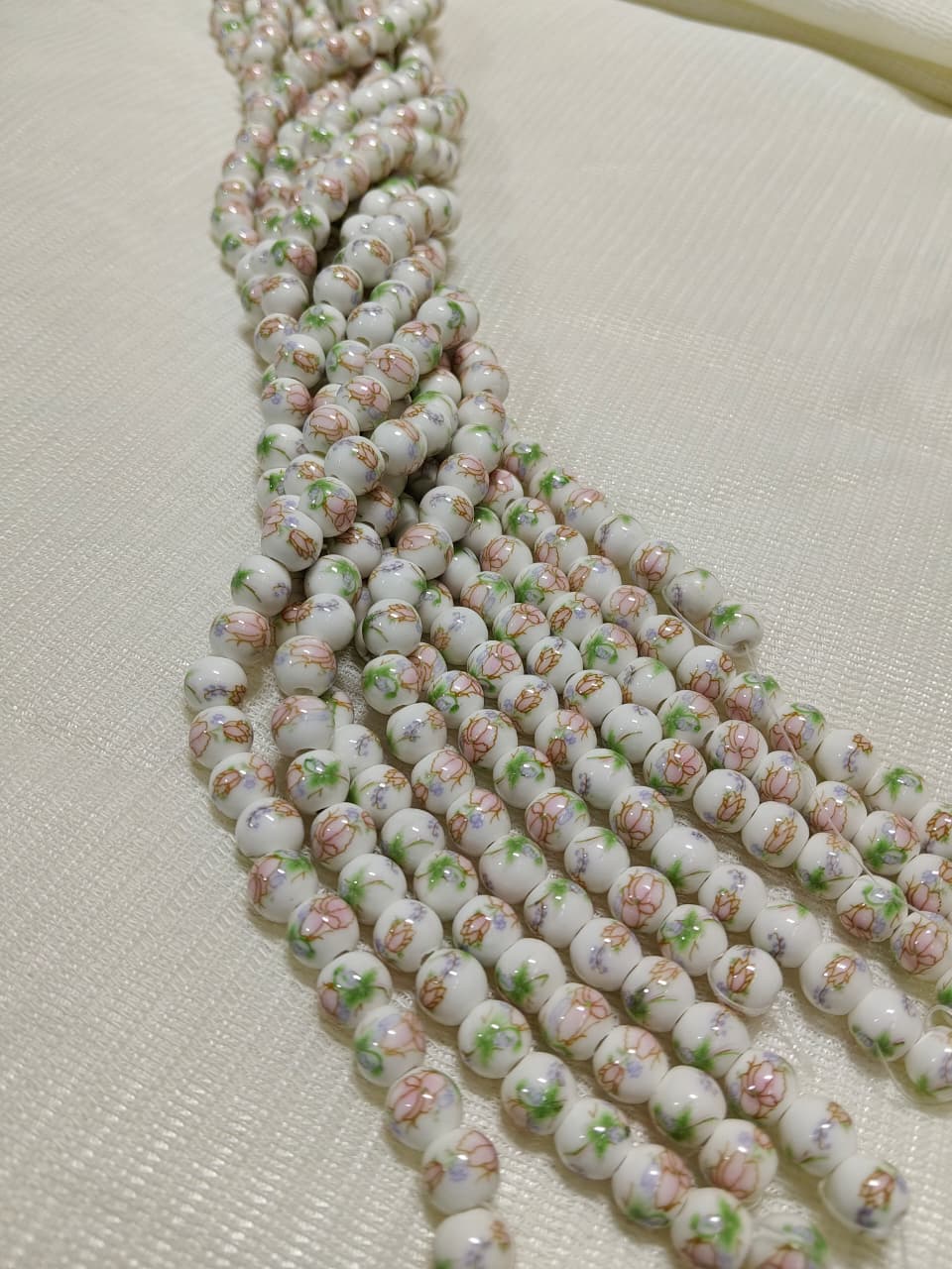 Printed Ceramic Beads Single String | White Round Pink Floral Design Beads for Jewellery Making
