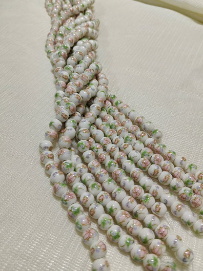 Printed Ceramic Beads Single String | White Round Pink Floral Design Beads for Jewellery Making