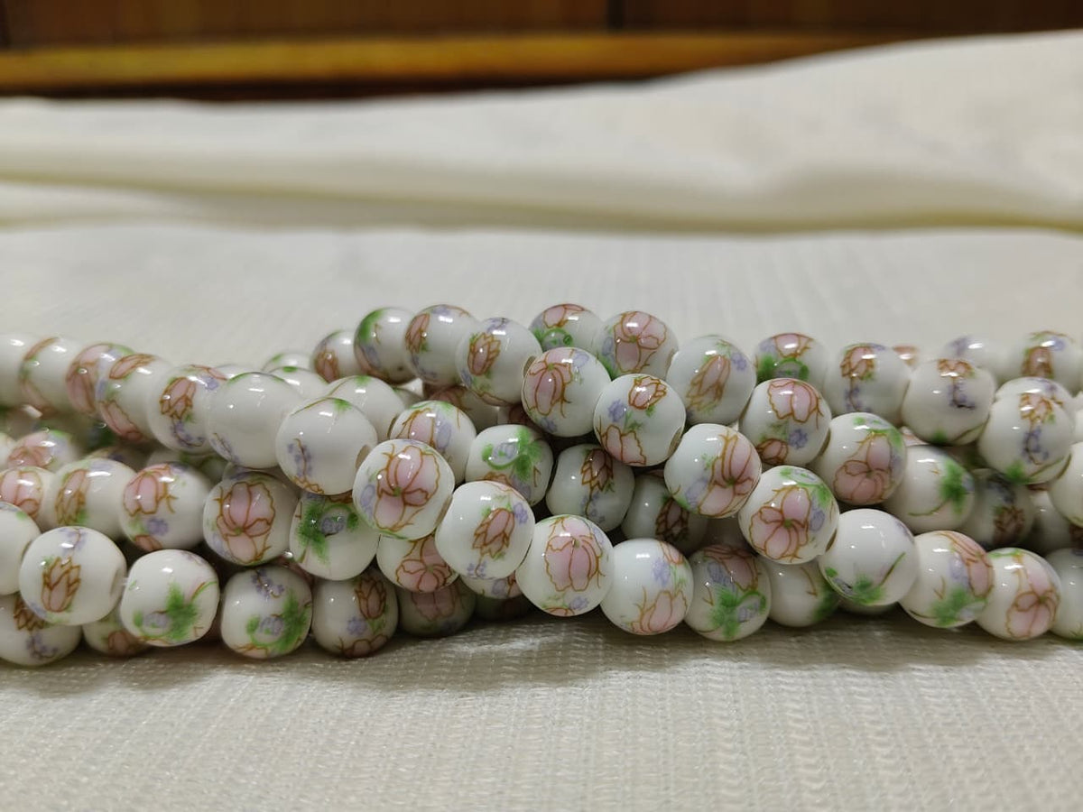 Printed Ceramic Beads Single String | White Round Pink Floral Design Beads for Jewellery Making