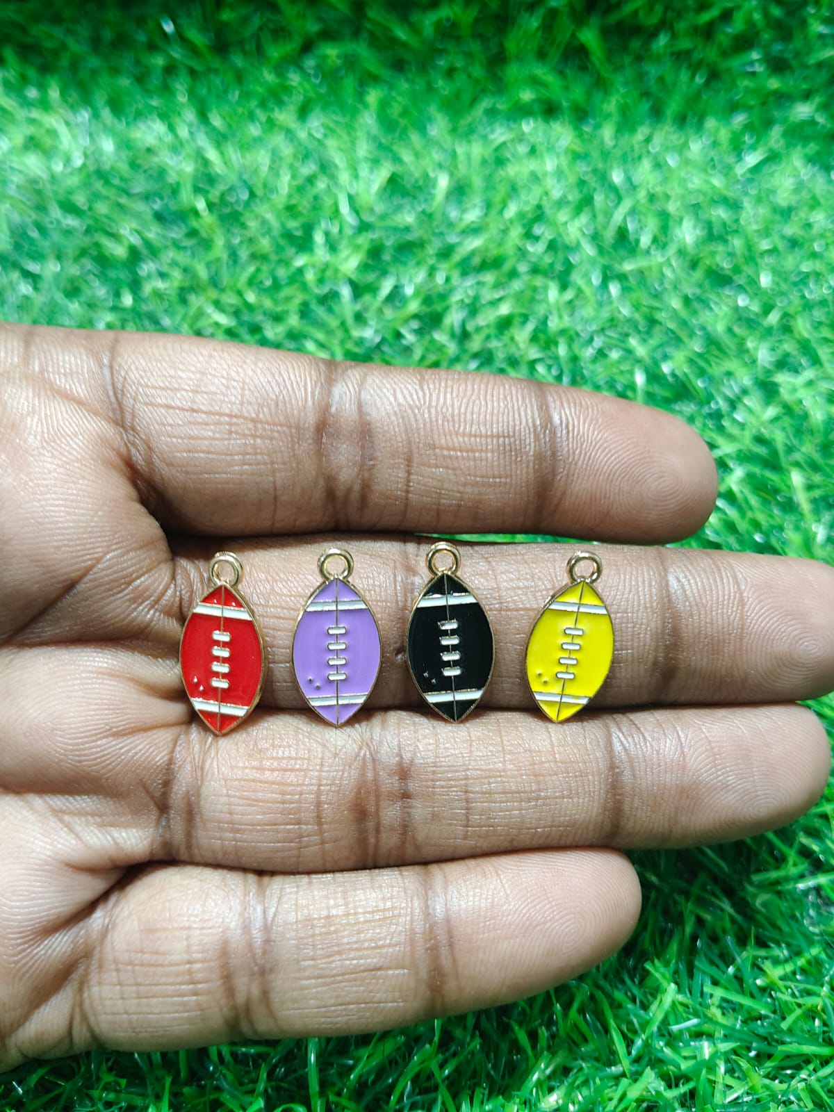 NAGNESHI Mixed Enamel Football Charms Pack – Gold Outlined Pendants in Red, Purple, Black & Yellow for DIY Jewelry Making, Charm Bracelets, Necklaces