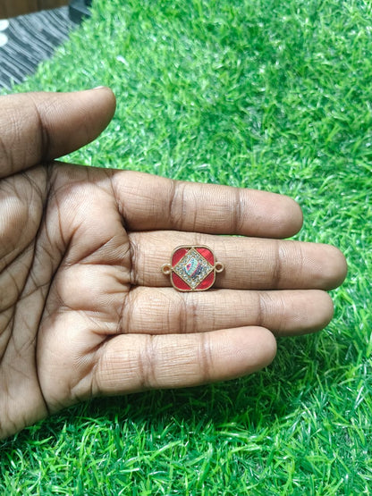 Nagneshi Designer Rakhi Charm Connector with Red Enamel & CZ Stones Gold Plated Ethnic Square Charm for Bracelet & Rakhi Making DIY Jewelry Supplies