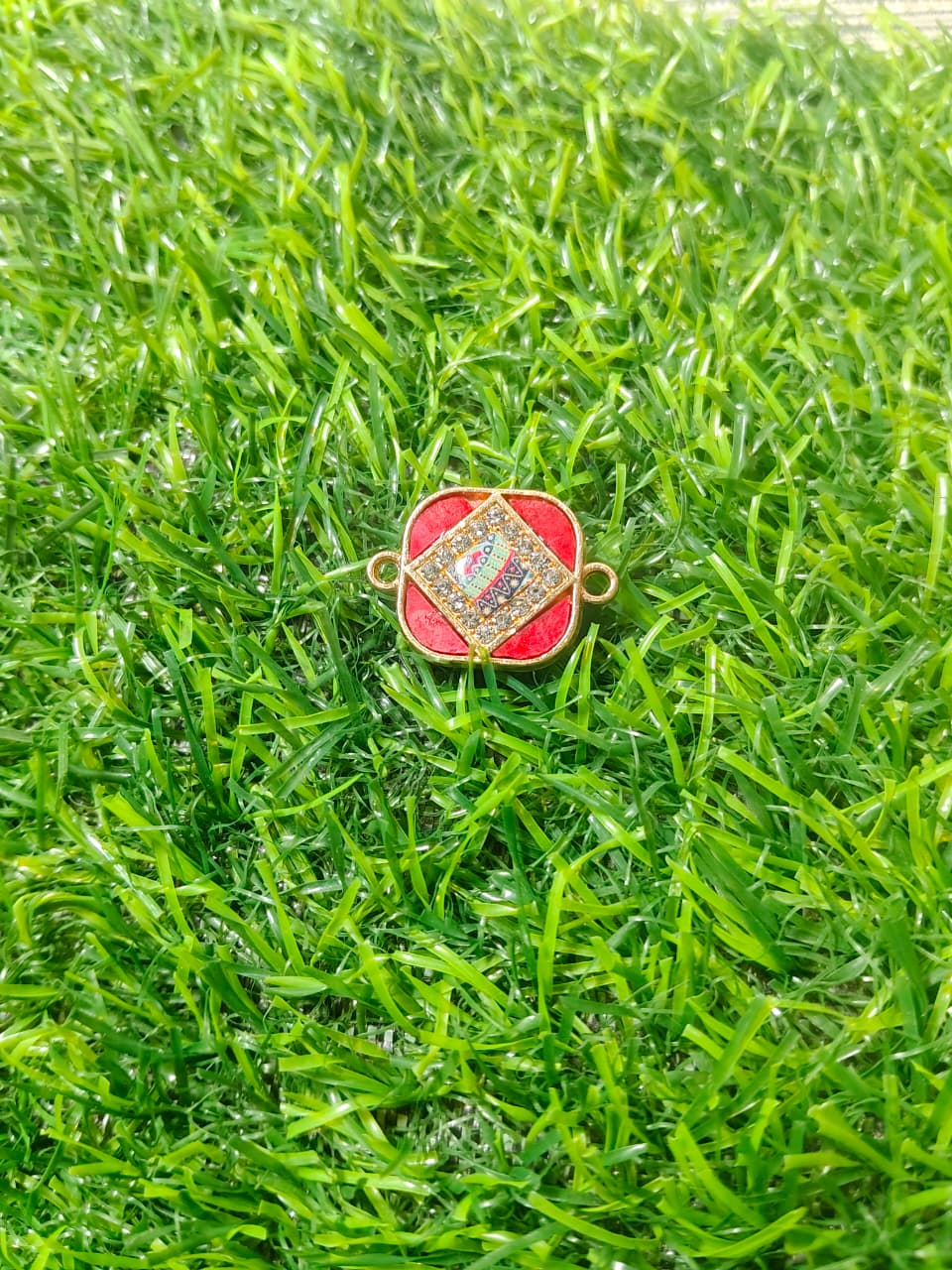 Nagneshi Designer Rakhi Charm Connector with Red Enamel & CZ Stones Gold Plated Ethnic Square Charm for Bracelet & Rakhi Making DIY Jewelry Supplies