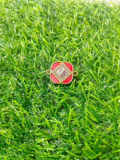 Nagneshi Designer Rakhi Charm Connector with Red Enamel & CZ Stones Gold Plated Ethnic Square Charm for Bracelet & Rakhi Making DIY Jewelry Supplies