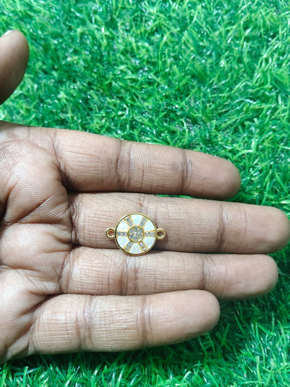 Nagneshi Round Rakhi Charm Connector with White Enamel & CZ Stones Gold Plated Floral Circle Design for Bracelet & Rakhi Making DIY Jewelry Supplies