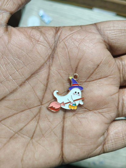 NAGNESHI Witchy Ghost on a Broomstick Enamel Charms Metal Pendant for Jewelry Making