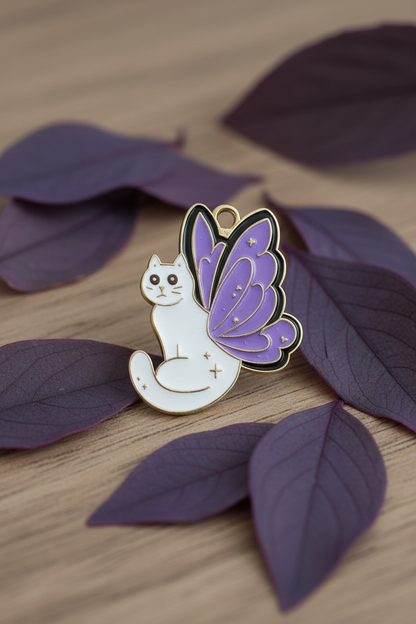 NAGNESHI White Fairy Cat Enamel Charm with Purple Butterfly Wings – Kawaii Magical Kitty Pendant for Jewelry Making – DIY Necklace, Bracelet & Keychain Supplies